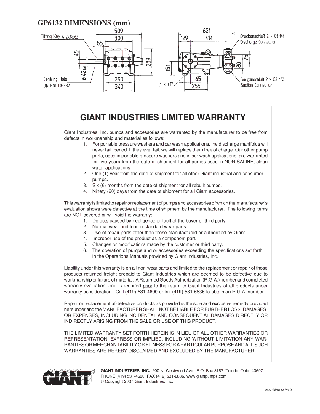 Giant GP6132 installation instructions Giant Industries Limited Warranty 