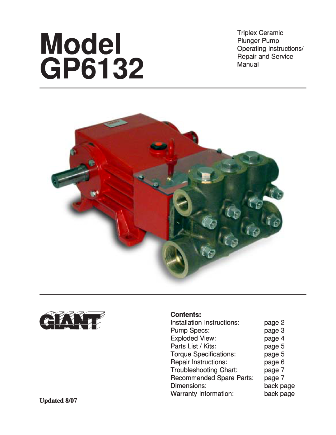Giant installation instructions Contents, Updated 8/07, Model GP6132 