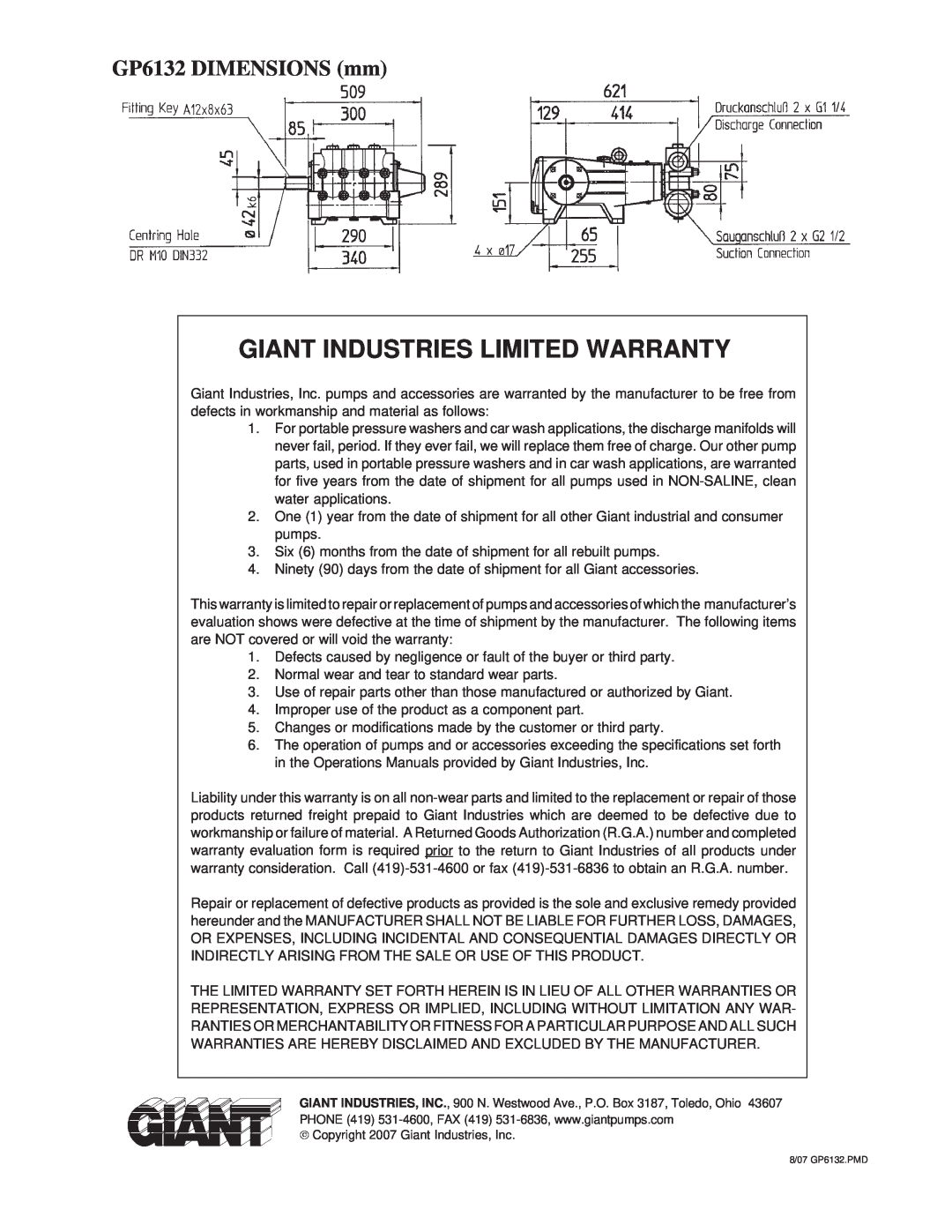 Giant installation instructions GP6132 DIMENSIONS mm, Giant Industries Limited Warranty 
