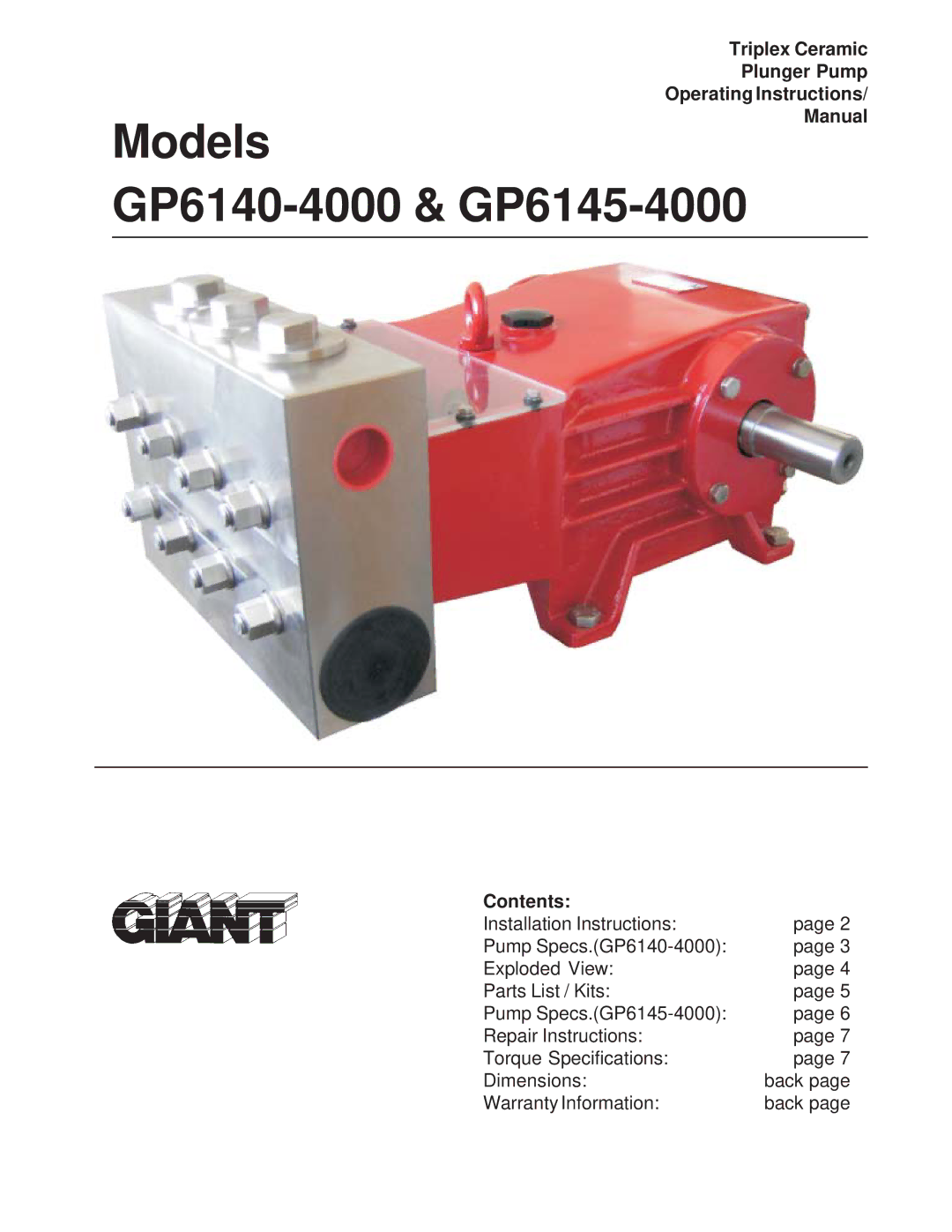 Giant GP6140-4000 installation instructions Triplex Ceramic Plunger Pump Operating Instructions, Manual, Contents 