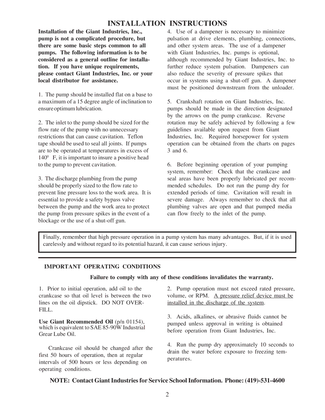 Giant GP6140-4000 installation instructions Installation Instructions, Important Operating Conditions 