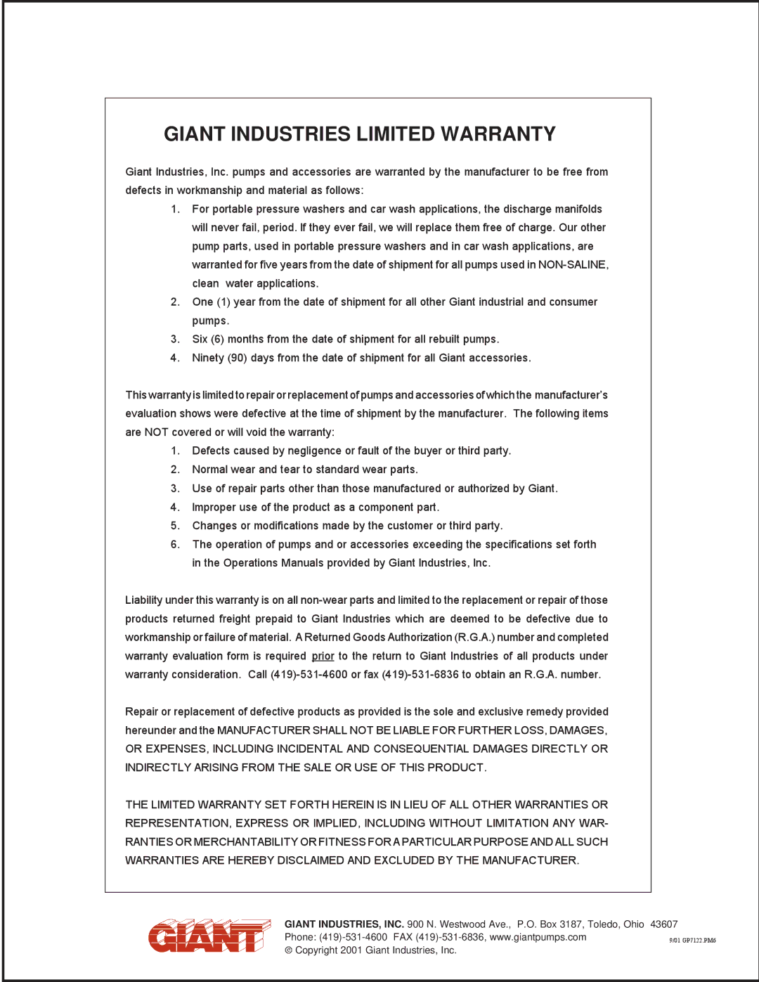 Giant GP7122 installation instructions Giant Industries Limited Warranty 