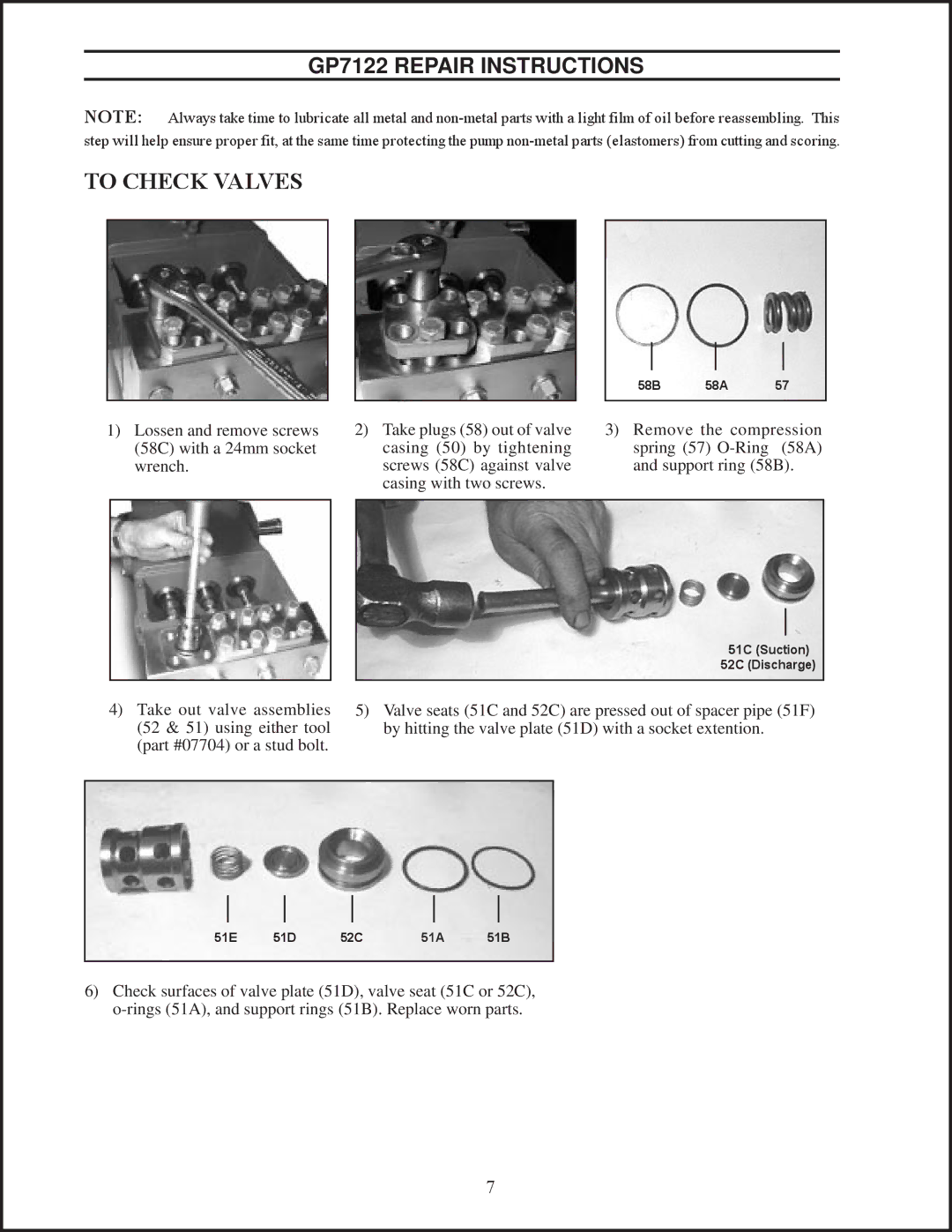 Giant installation instructions To Check Valves, GP7122 Repair Instructions 