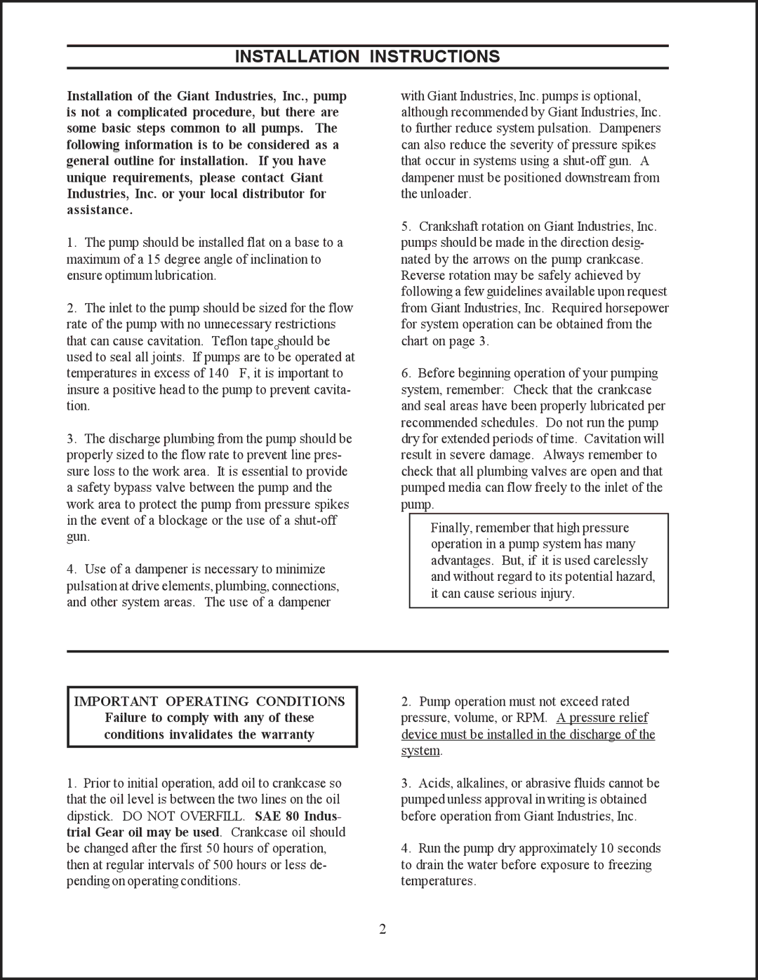 Giant GP7124A installation instructions Installation Instructions, Important Operating Conditions 