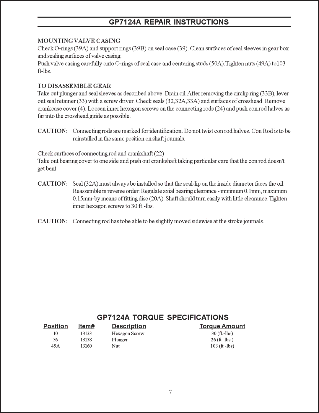 Giant installation instructions GP7124A Torque Specifications, Mounting Valve Casing, To Disassemble Gear 