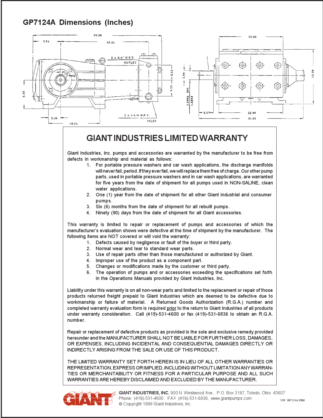 Giant GP7124A installation instructions Giant Industries Limited Warranty 