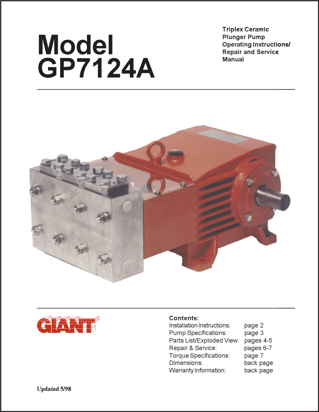 Giant GP7124A installation instructions Triplex Ceramic Plunger Pump Operating Instructions, Repair and Service Manual 