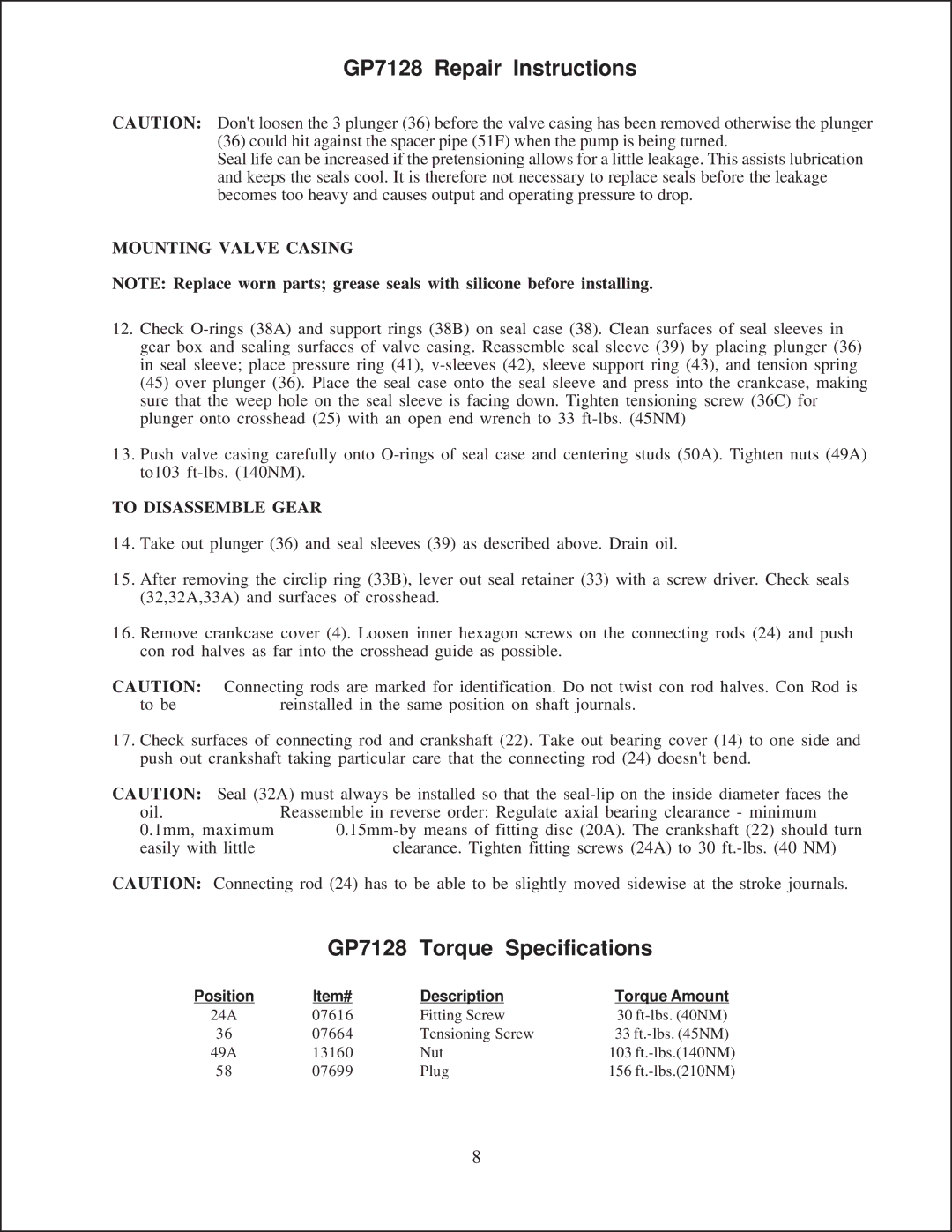 Giant service manual GP7128 Torque Specifications, Mounting Valve Casing, To Disassemble Gear 