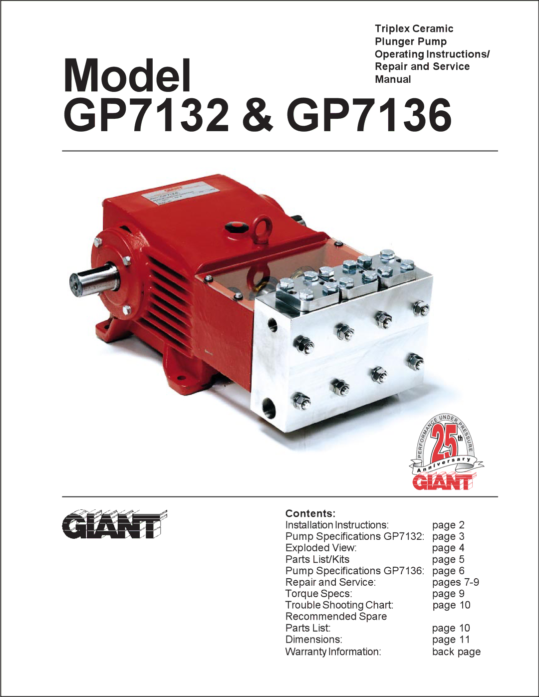 Giant GP7136 service manual Triplex Ceramic, Plunger Pump, Operating Instructions, Repair and Service, Manual, Contents 