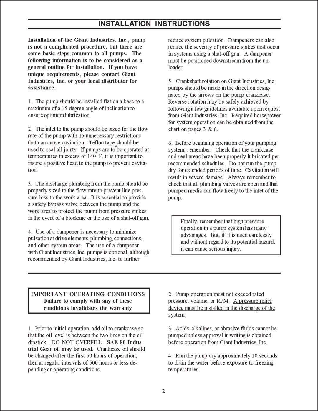 Giant GP7132, GP7136 service manual Installation Instructions, Important Operating Conditions 