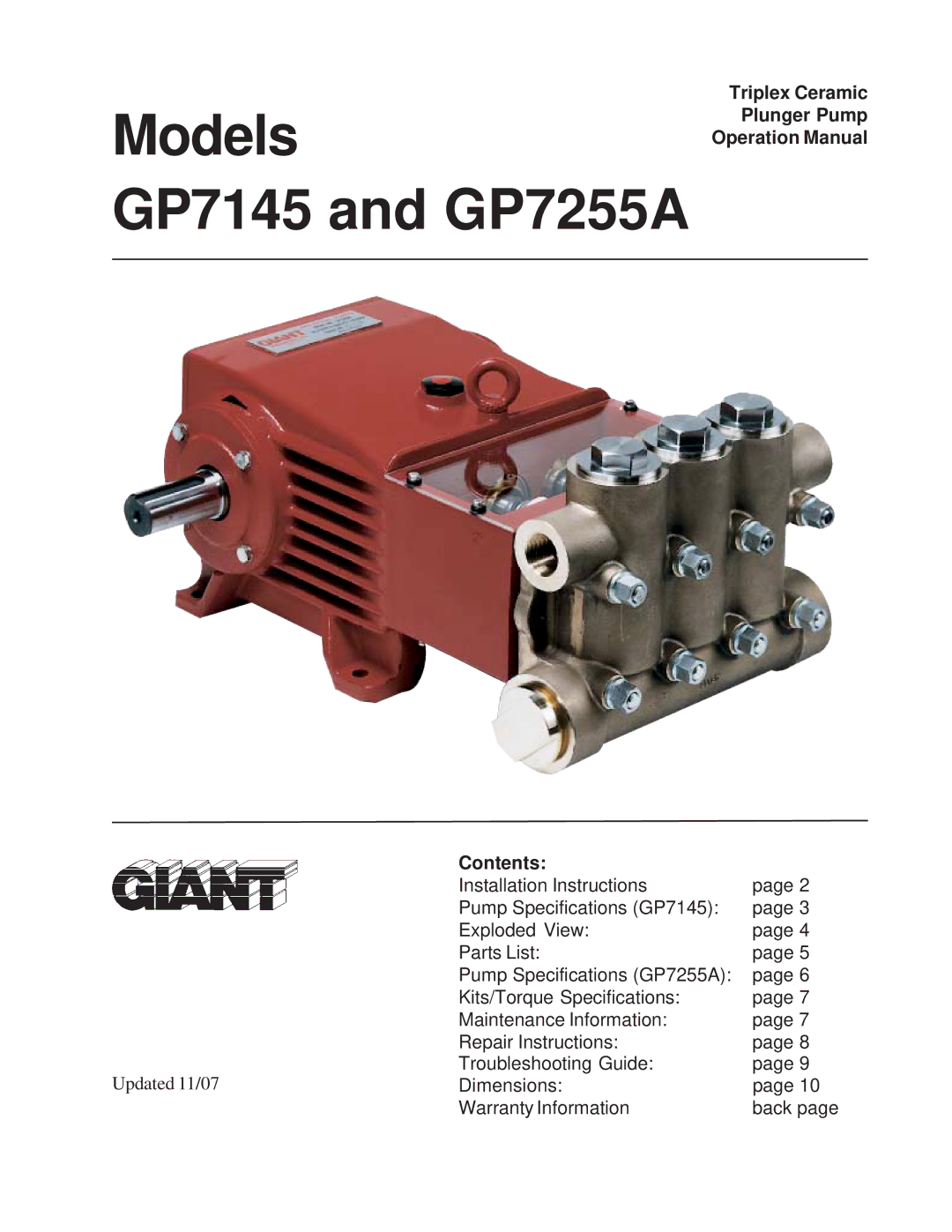 Giant installation instructions Models GP7145 and GP7255A 