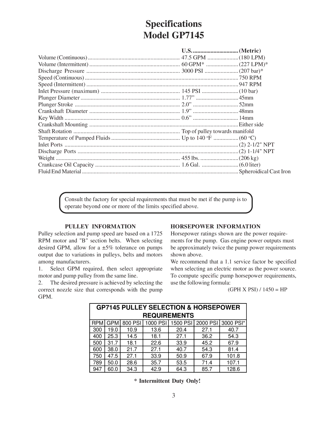 Giant installation instructions Specifications Model GP7145, Metric 