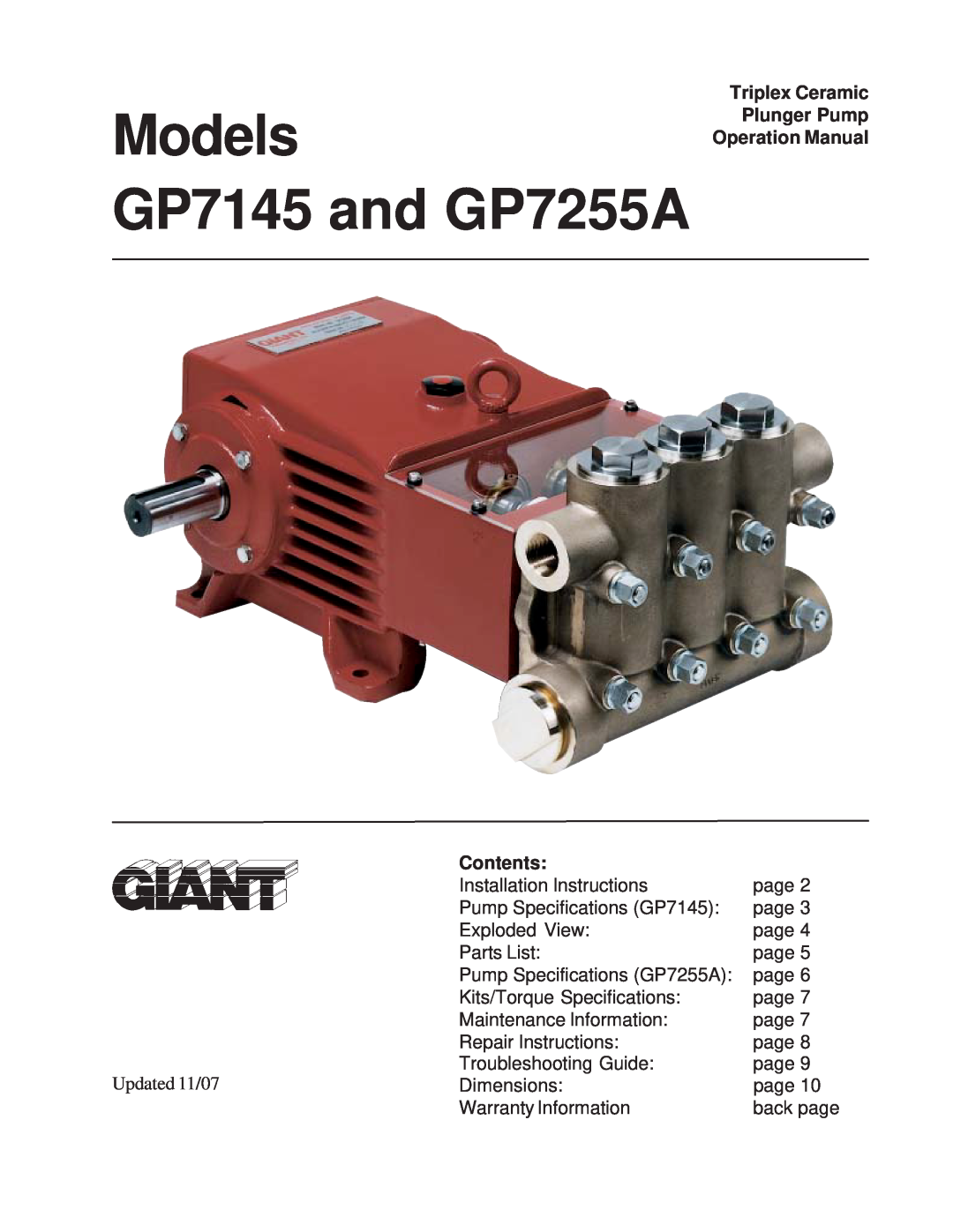 Giant installation instructions Contents, Models GP7145 and GP7255A 