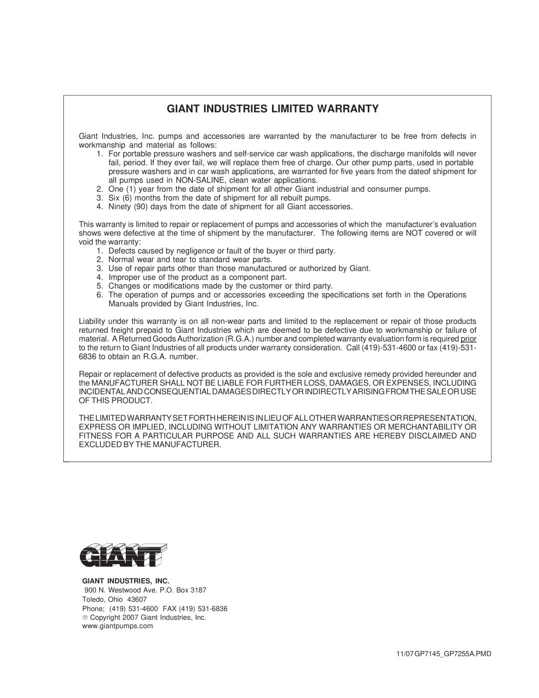 Giant GP7145 installation instructions Giant Industries Limited Warranty 