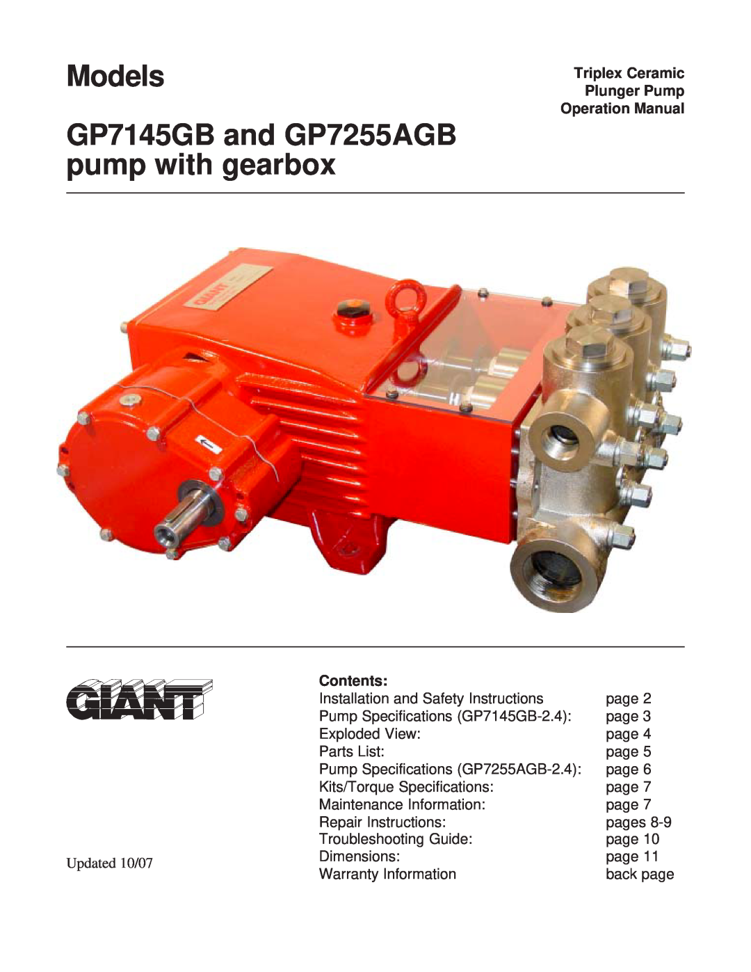Giant operation manual Models GP7145GB and GP7255AGB pump with gearbox, Triplex Ceramic Plunger Pump Operation Manual 