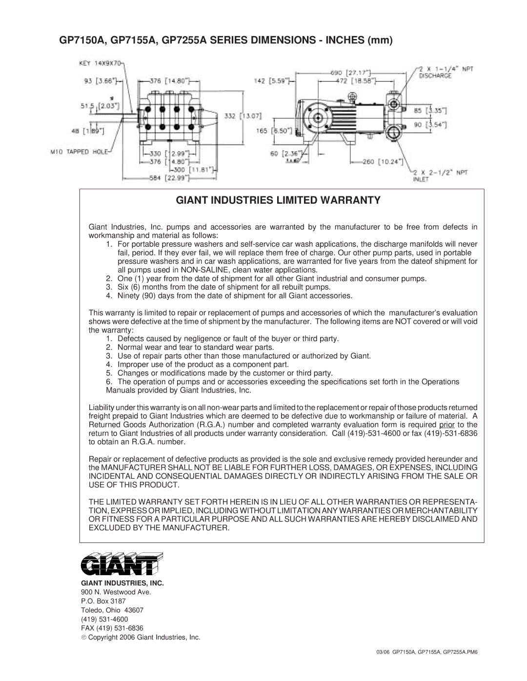 Giant GP7255A, GP7150A, GP7155A installation instructions Giant Industries Limited Warranty 