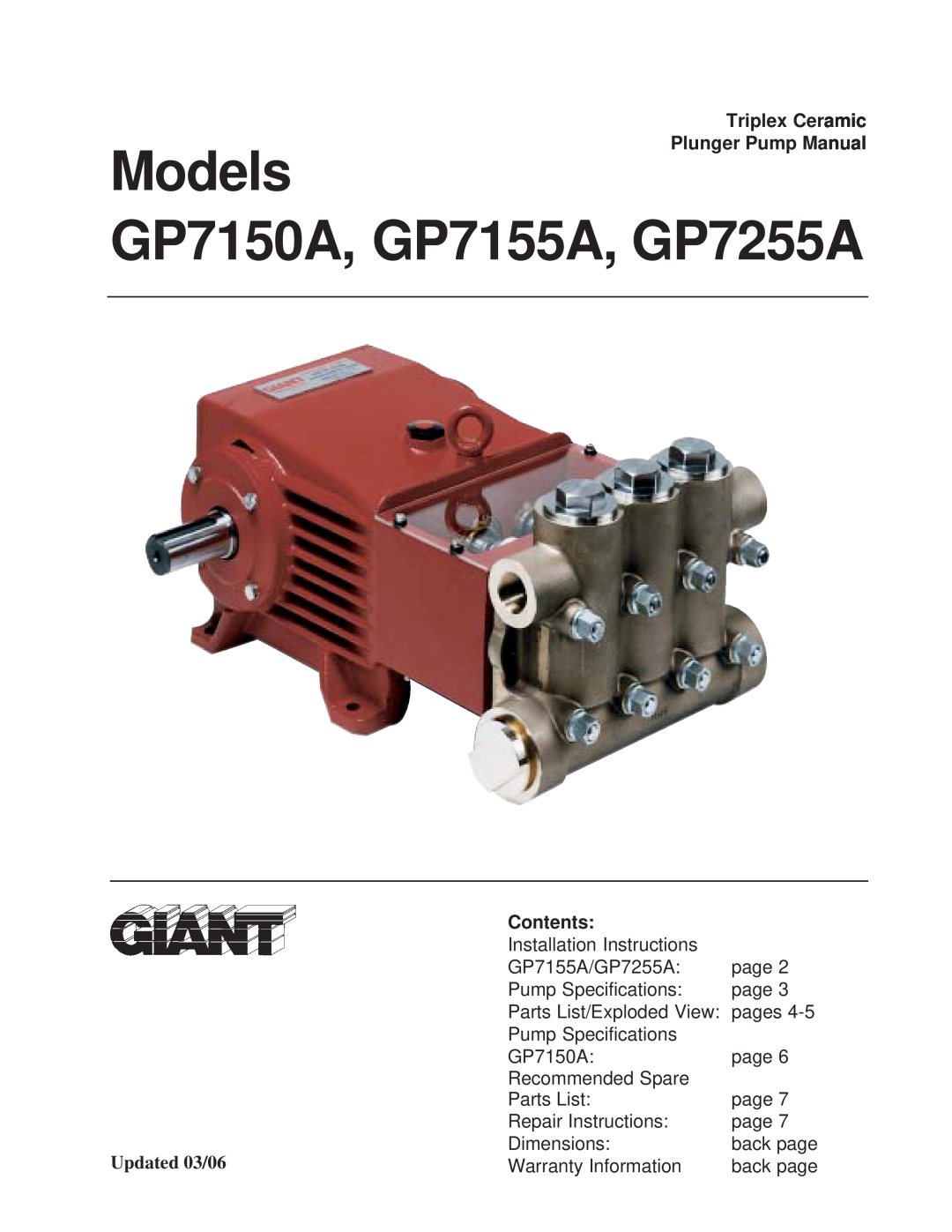 Giant GP7155A, GP7150A installation instructions Triplex Ceramic Plunger Pump Manual, Contents, Updated 03/06, Models 