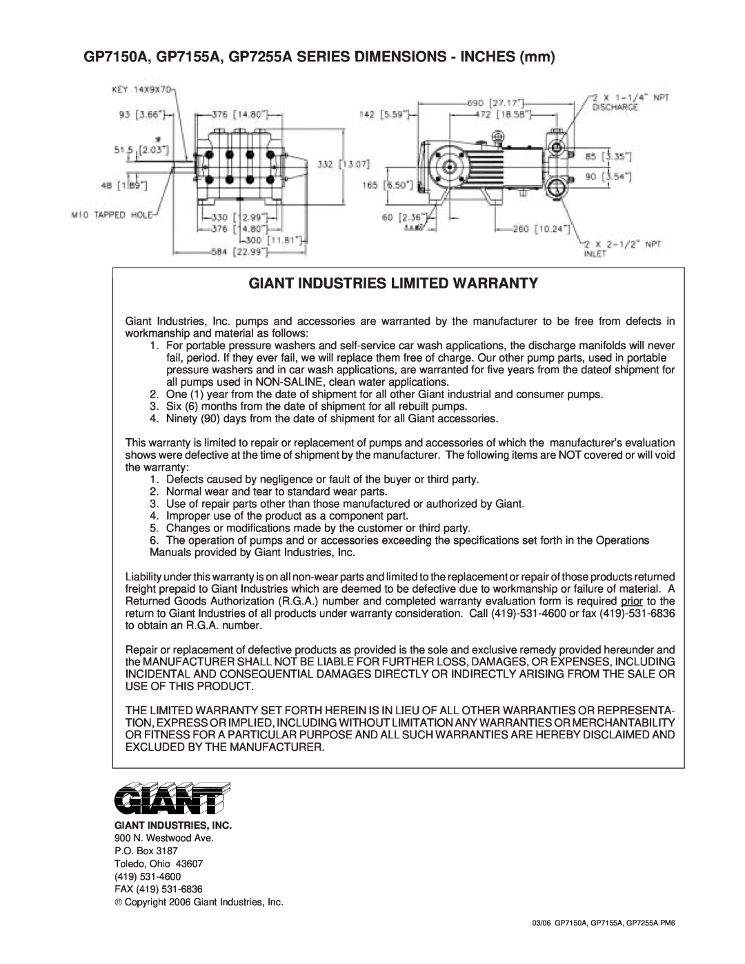 Giant GP7150A, GP7155A, GP7255A SERIES DIMENSIONS - INCHES mm, Giant Industries Limited Warranty 