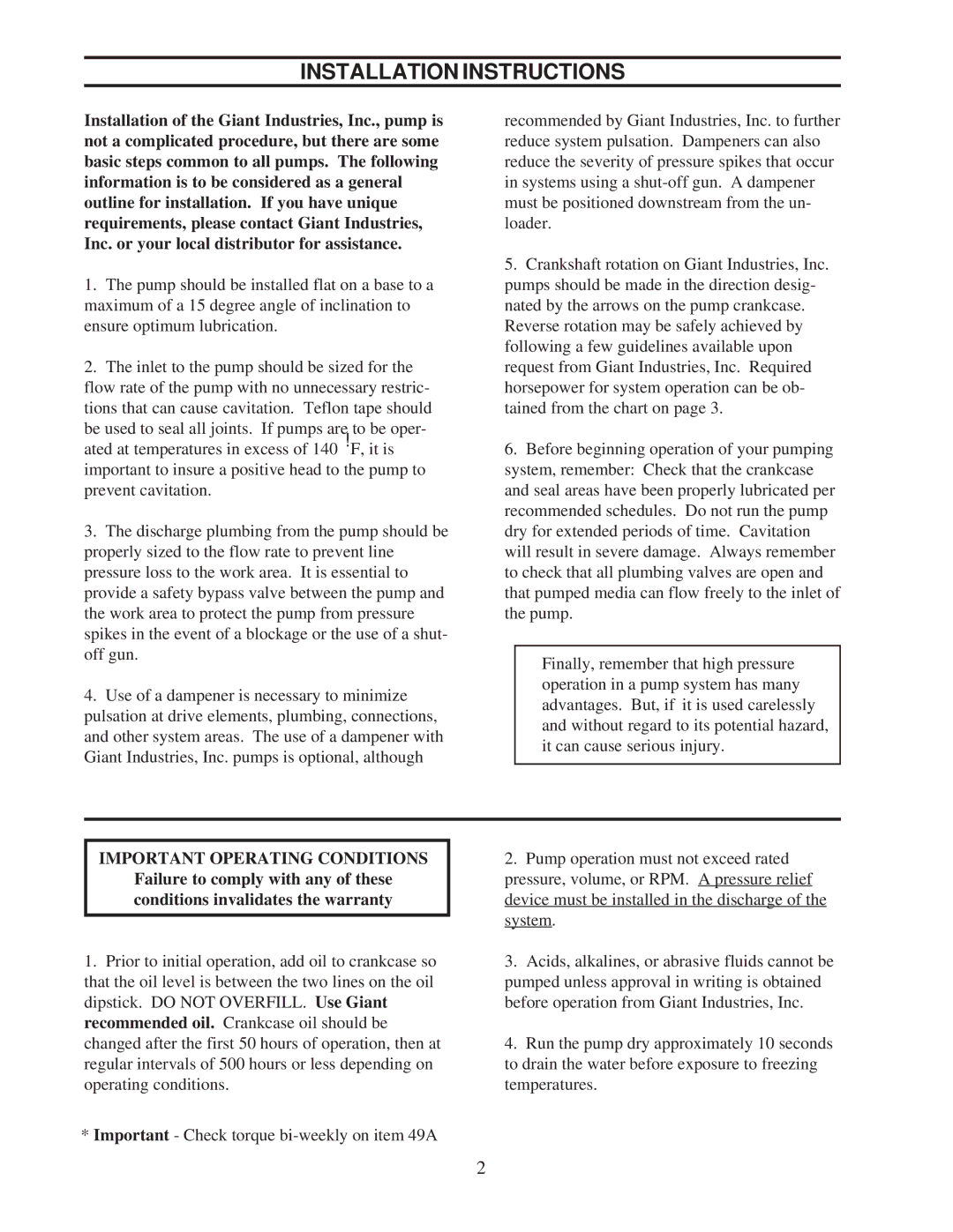 Giant GP7170-4000 installation instructions Installation Instructions, Important Operating Conditions 