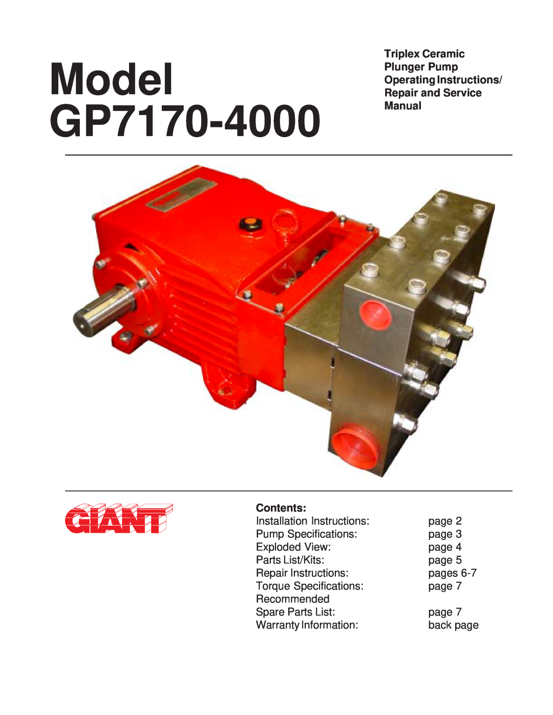 Giant installation instructions Model GP7170-4000, Triplex Ceramic Plunger Pump, Contents 