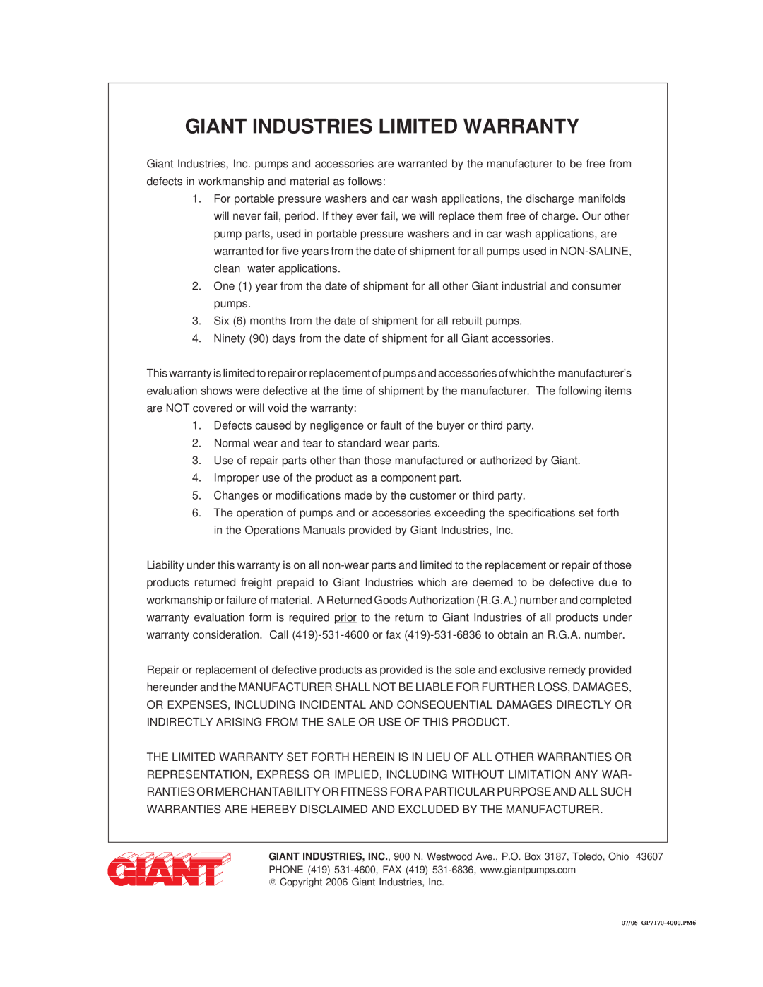 Giant GP7170-4000 installation instructions Giant Industries Limited Warranty 