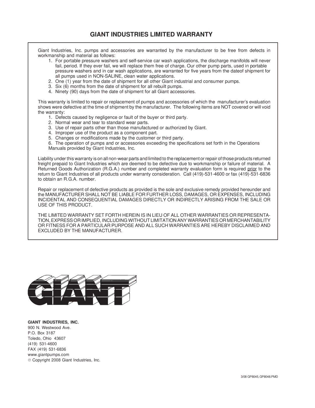 Giant GP8045 installation instructions Giant Industries Limited Warranty 