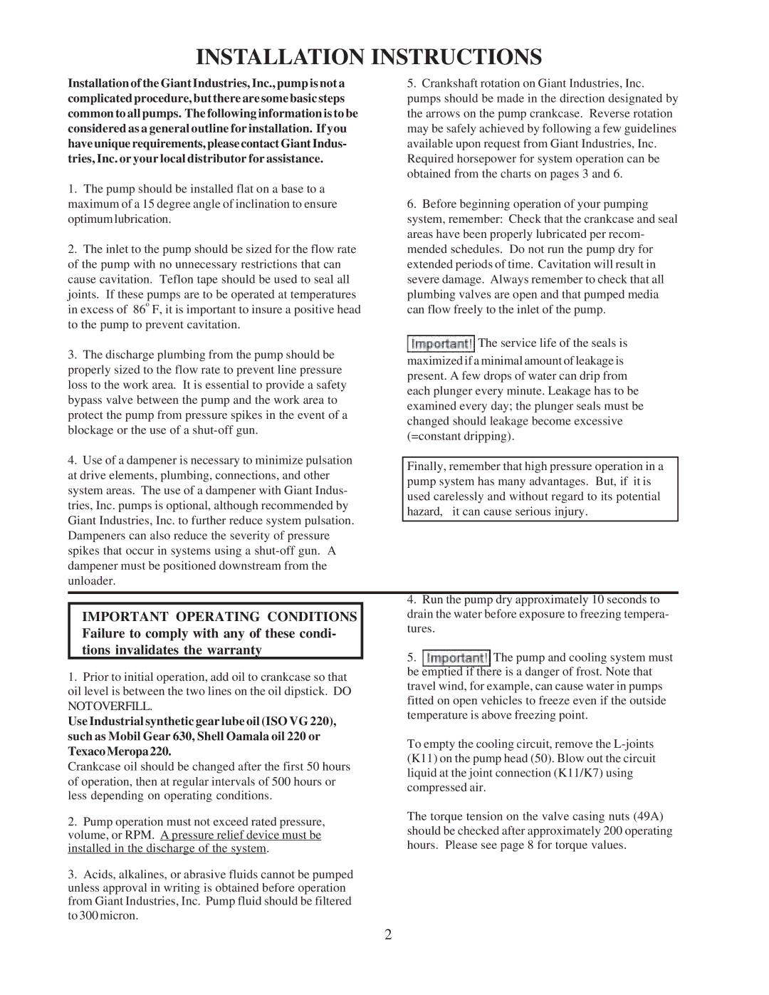 Giant GP8045 installation instructions Installation Instructions, Important Operating Conditions 