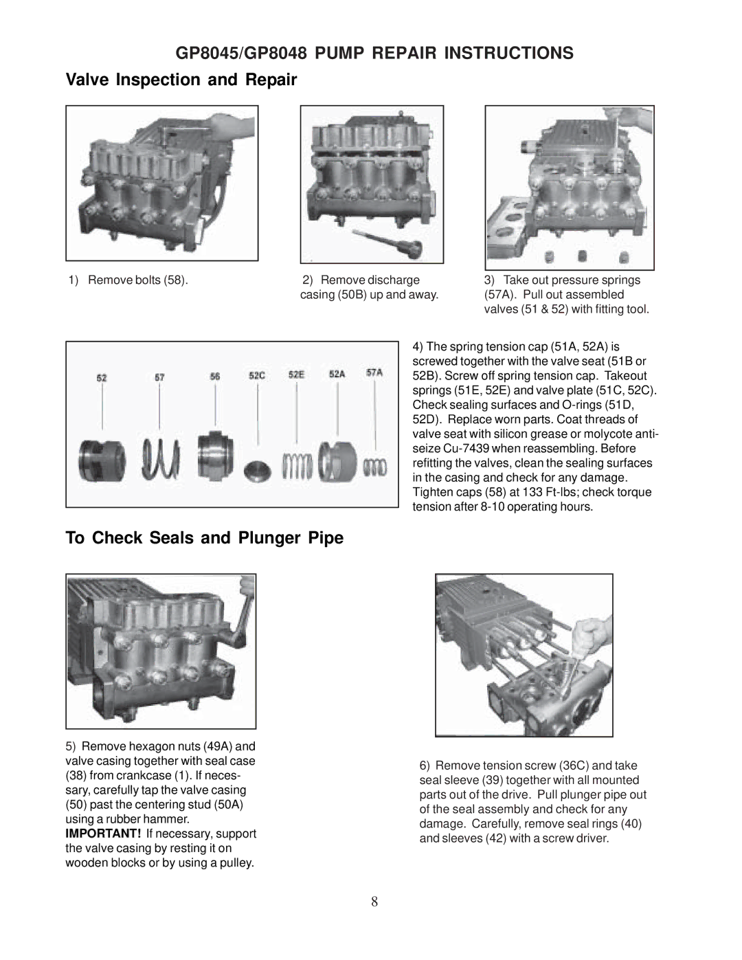 Giant GP8045 installation instructions Valve Inspection and Repair, To Check Seals and Plunger Pipe 