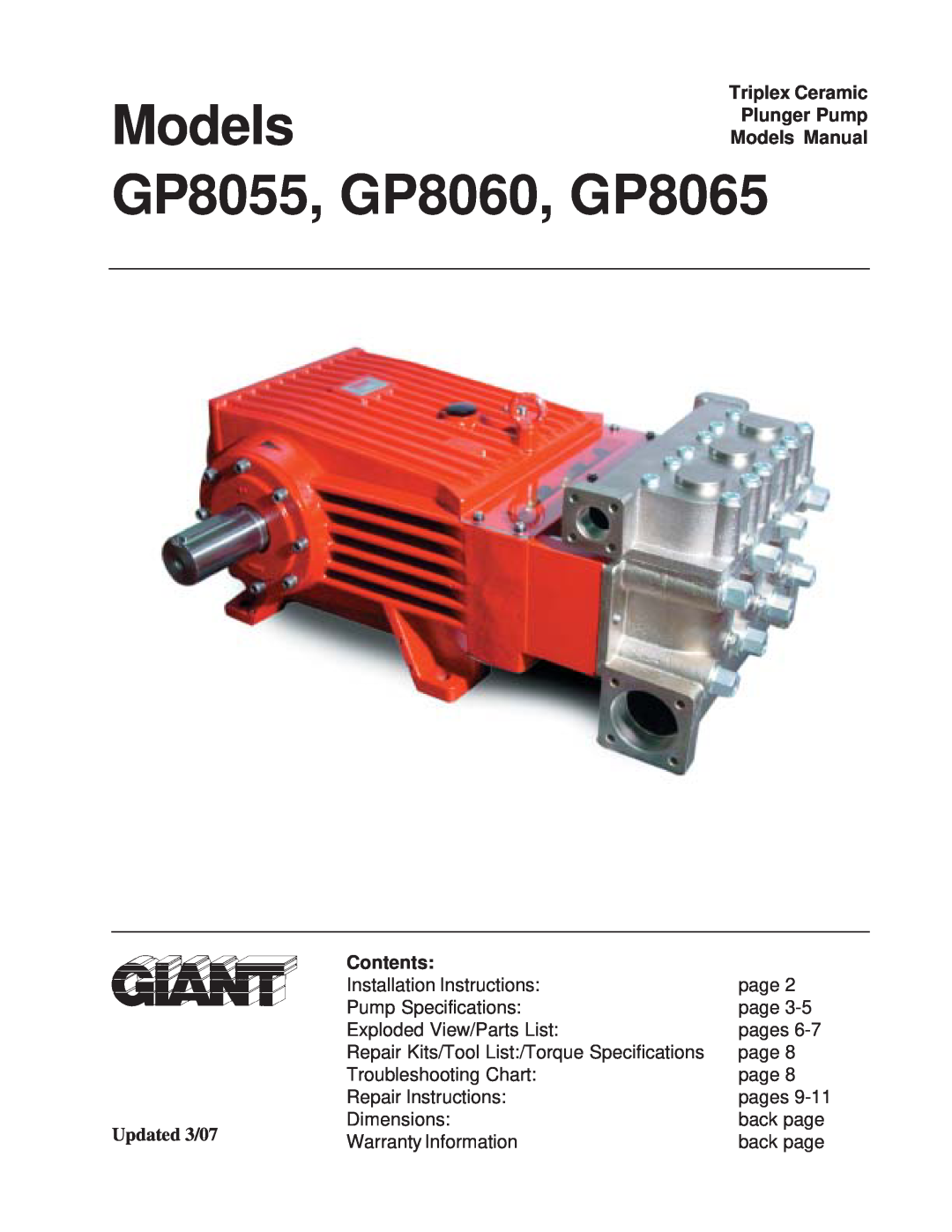 Giant GP8055, GP8060 installation instructions Triplex Ceramic ModelsPlunger Pump Models Manual, Contents, Updated 3/07 