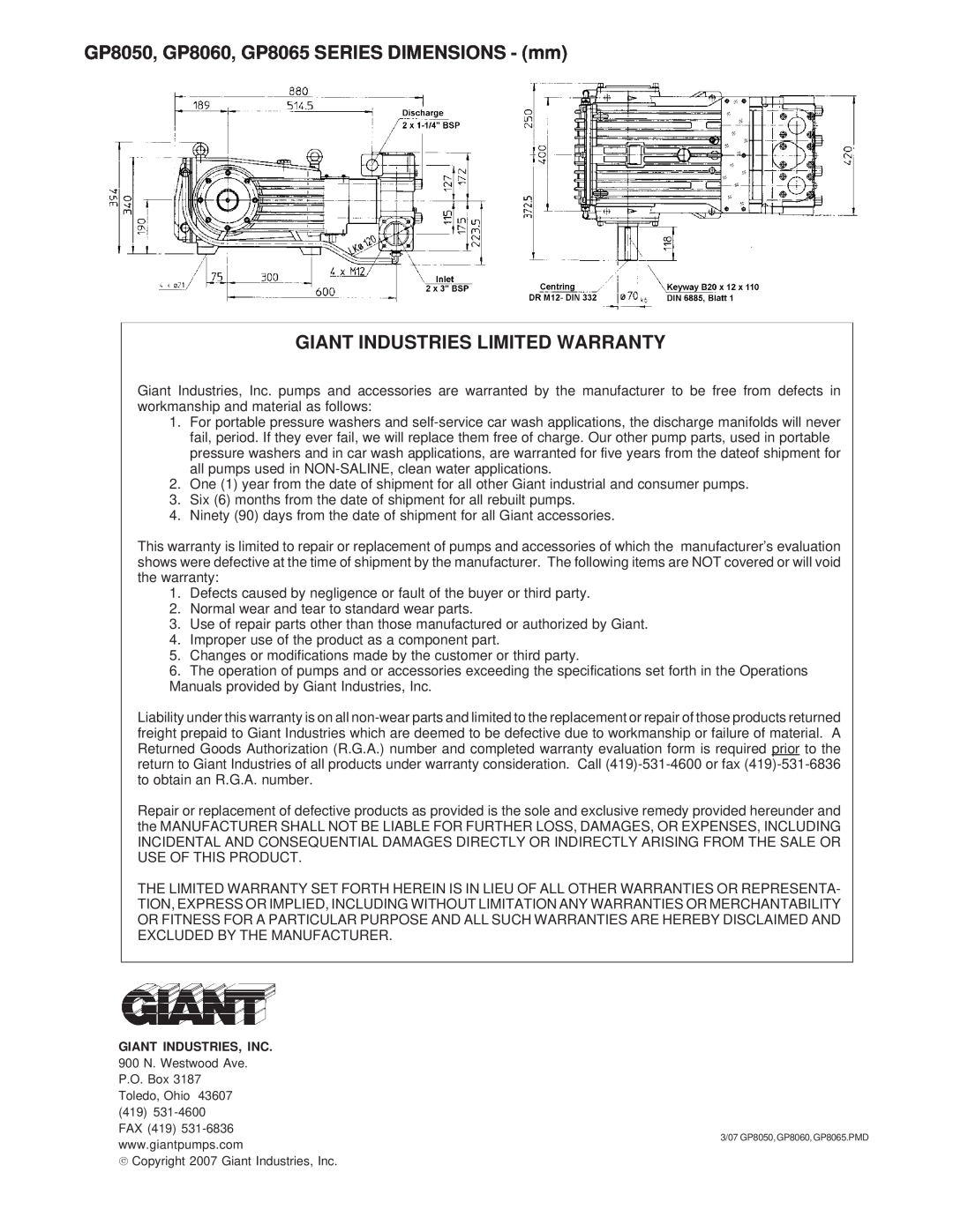 Giant GP8055 installation instructions GP8050, GP8060, GP8065 SERIES DIMENSIONS - mm, Giant Industries Limited Warranty 