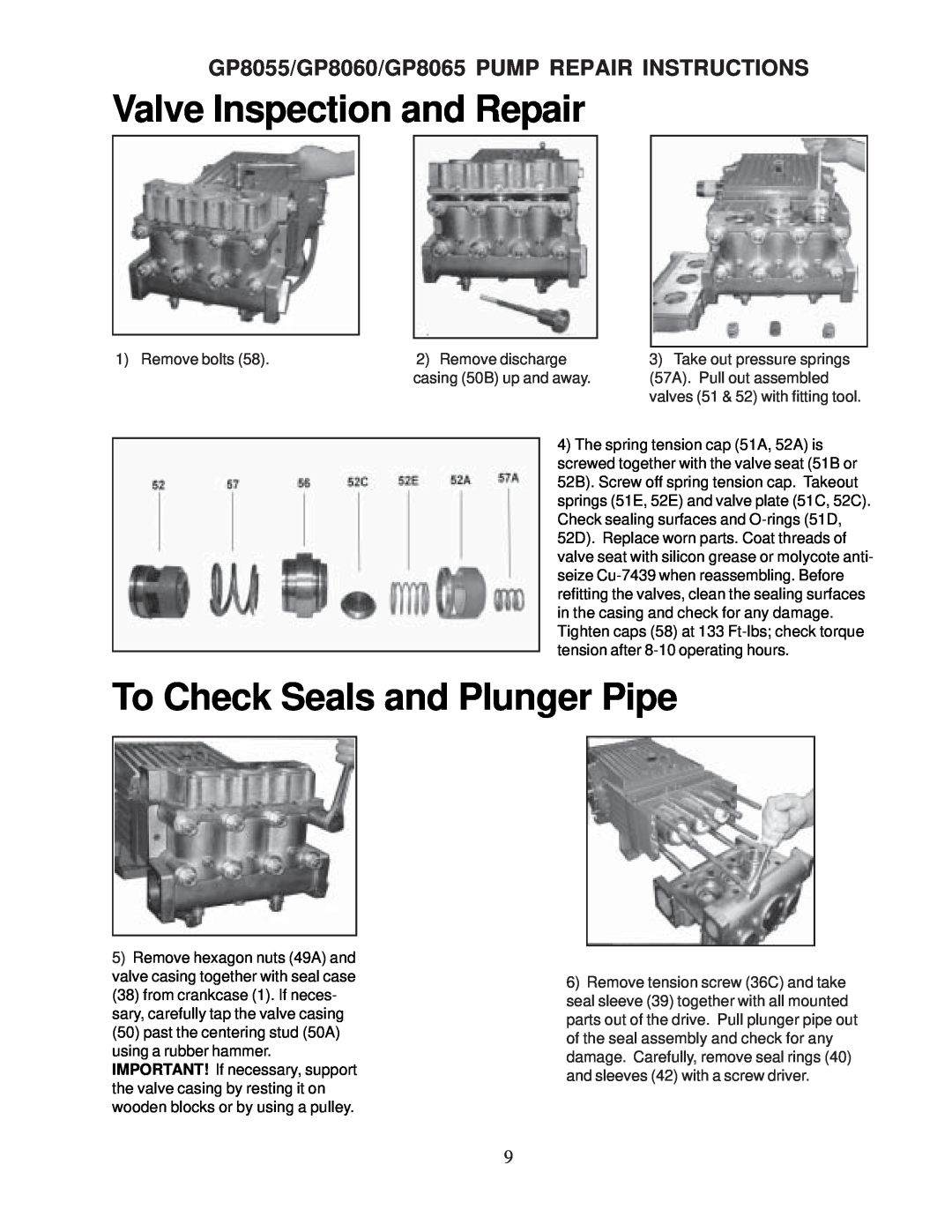 Giant Valve Inspection and Repair, To Check Seals and Plunger Pipe, GP8055/GP8060/GP8065 PUMP REPAIR INSTRUCTIONS 