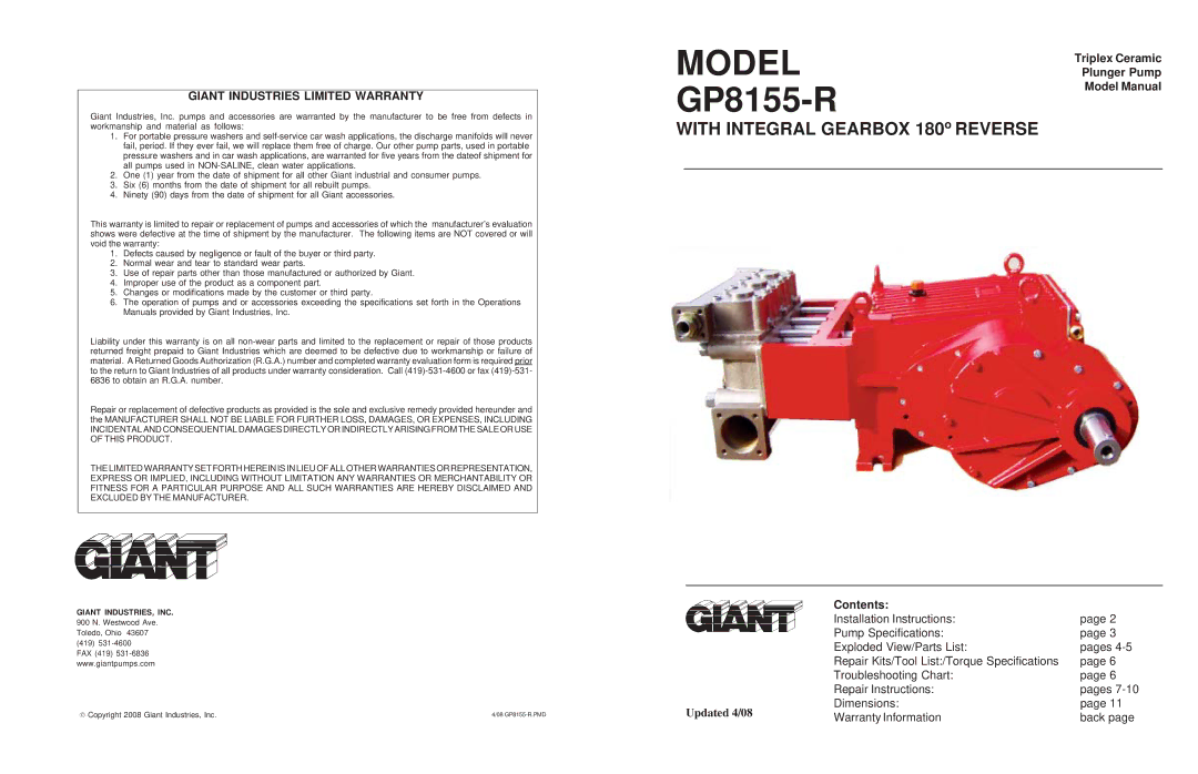 Giant GP8155-R installation instructions Model 