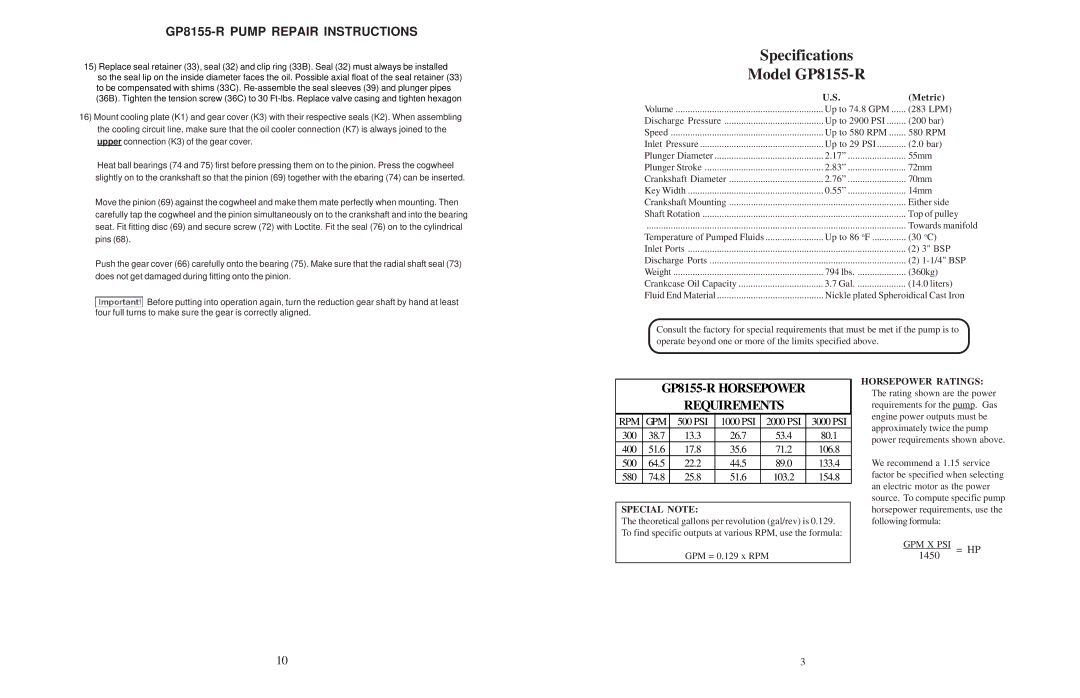 Giant installation instructions Specifications Model GP8155-R, GP8155-R Pump Repair Instructions 