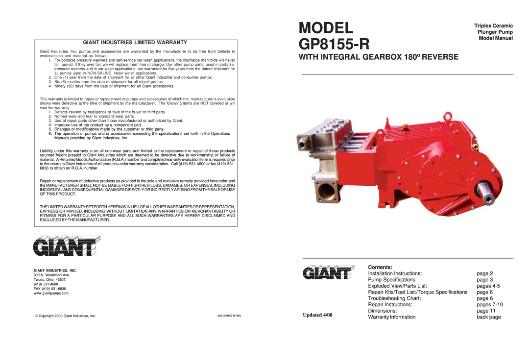 Giant GP8155-R installation instructions Updated 4/08, Model, WITH INTEGRAL GEARBOX 180o REVERSE, Plunger Pump, Contents 