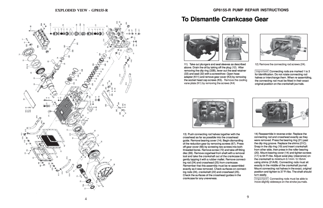 Giant installation instructions To Dismantle Crankcase Gear, EXPLODED VIEW - GP8155-R, GP8155-RPUMP REPAIR INSTRUCTIONS 