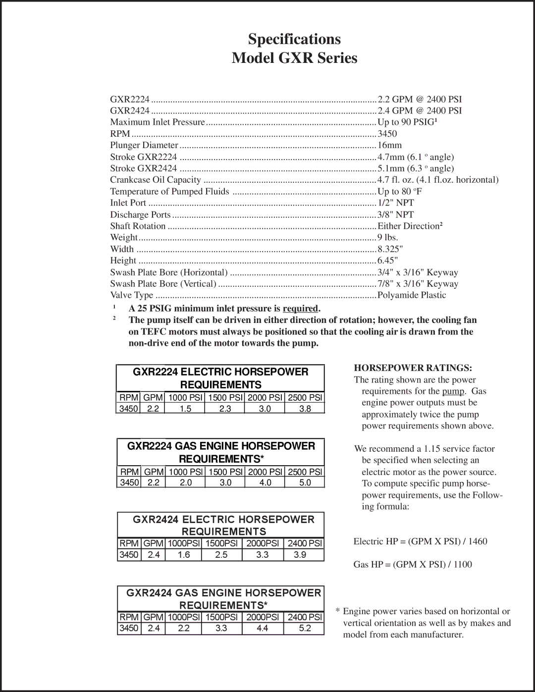 Giant installation instructions Model GXR Series, Horsepower Ratings 