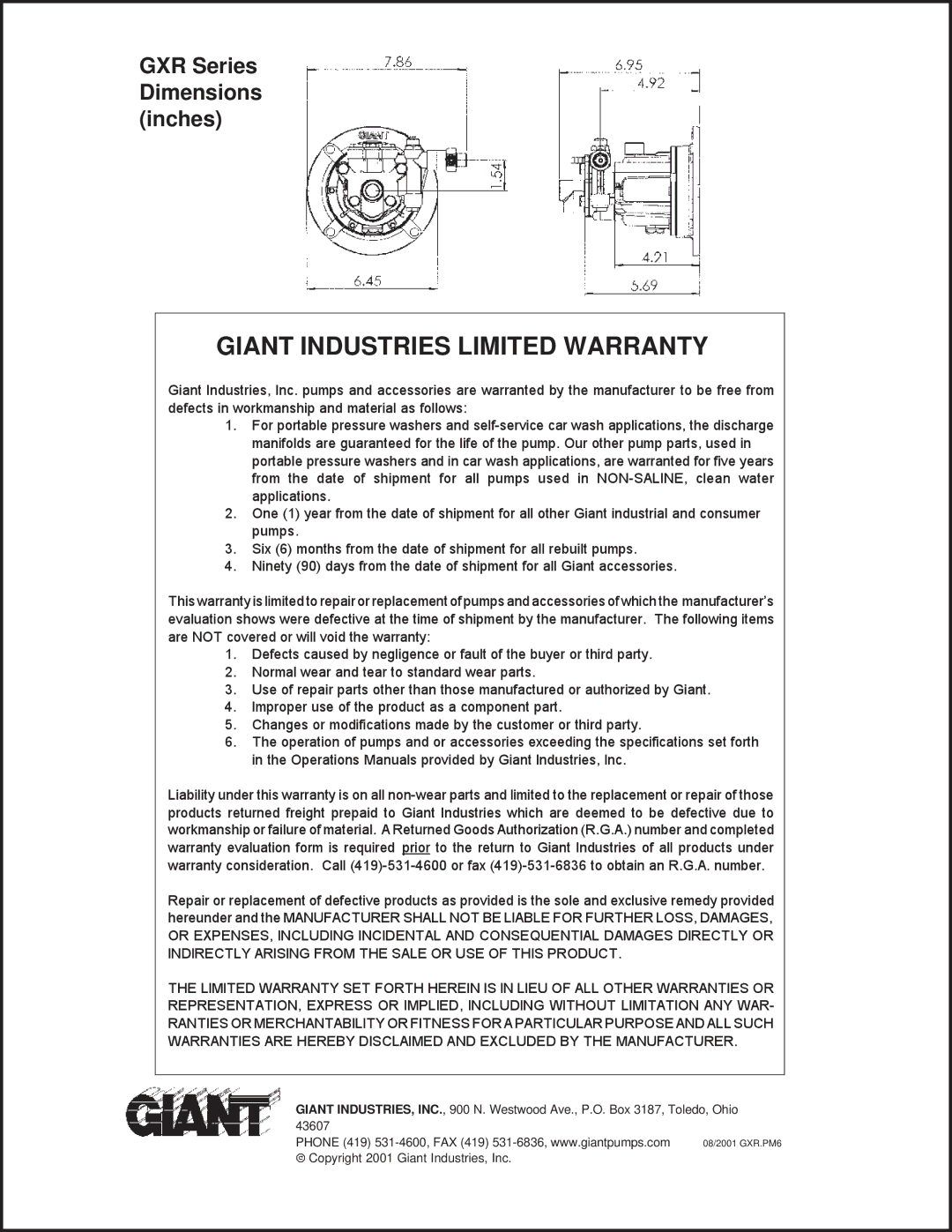 Giant installation instructions Giant Industries Limited Warranty, GXR Series Dimensions inches 