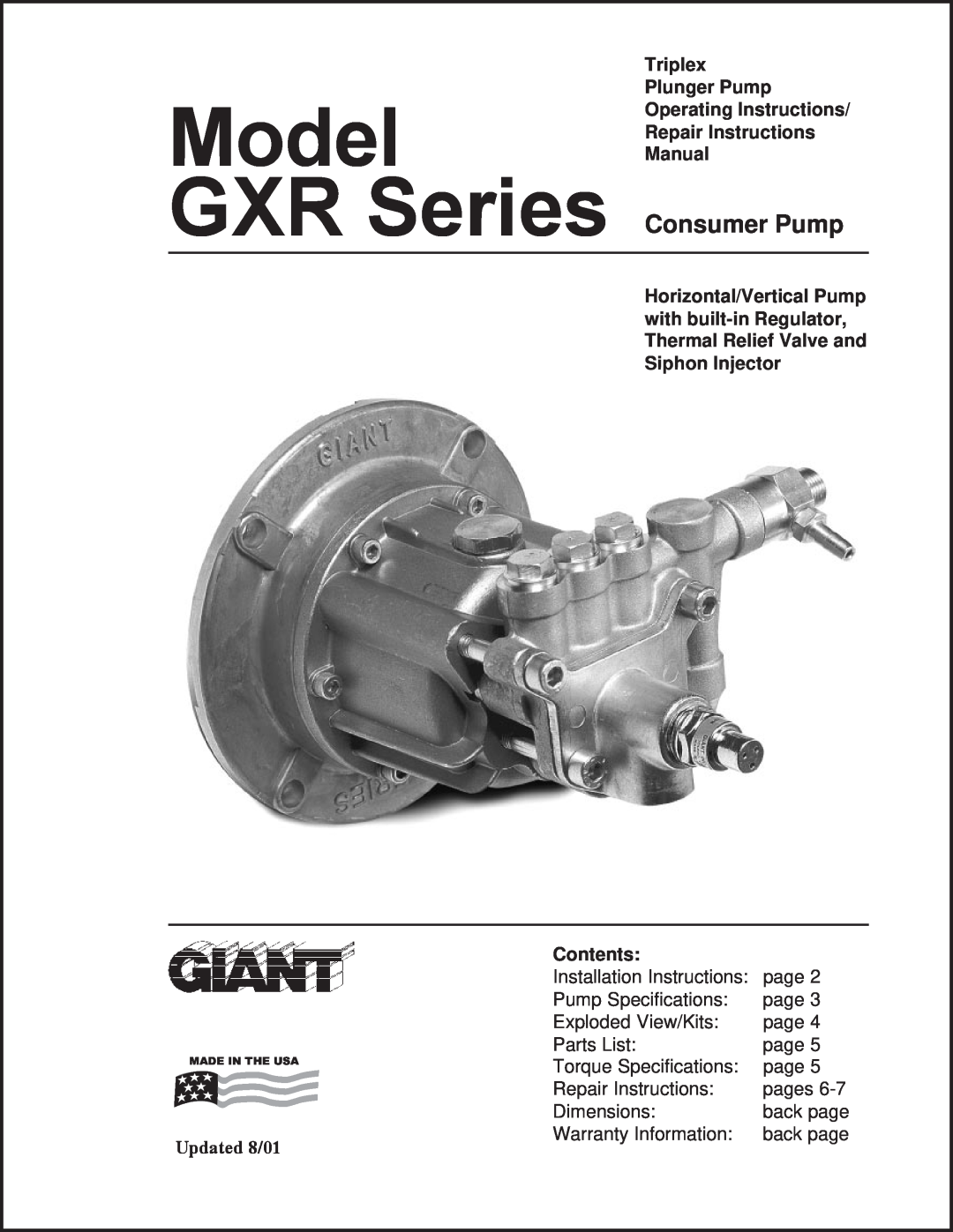 Giant GXR installation instructions Consumer Pump, Triplex Plunger Pump Operating Instructions Repair Instructions, Manual 