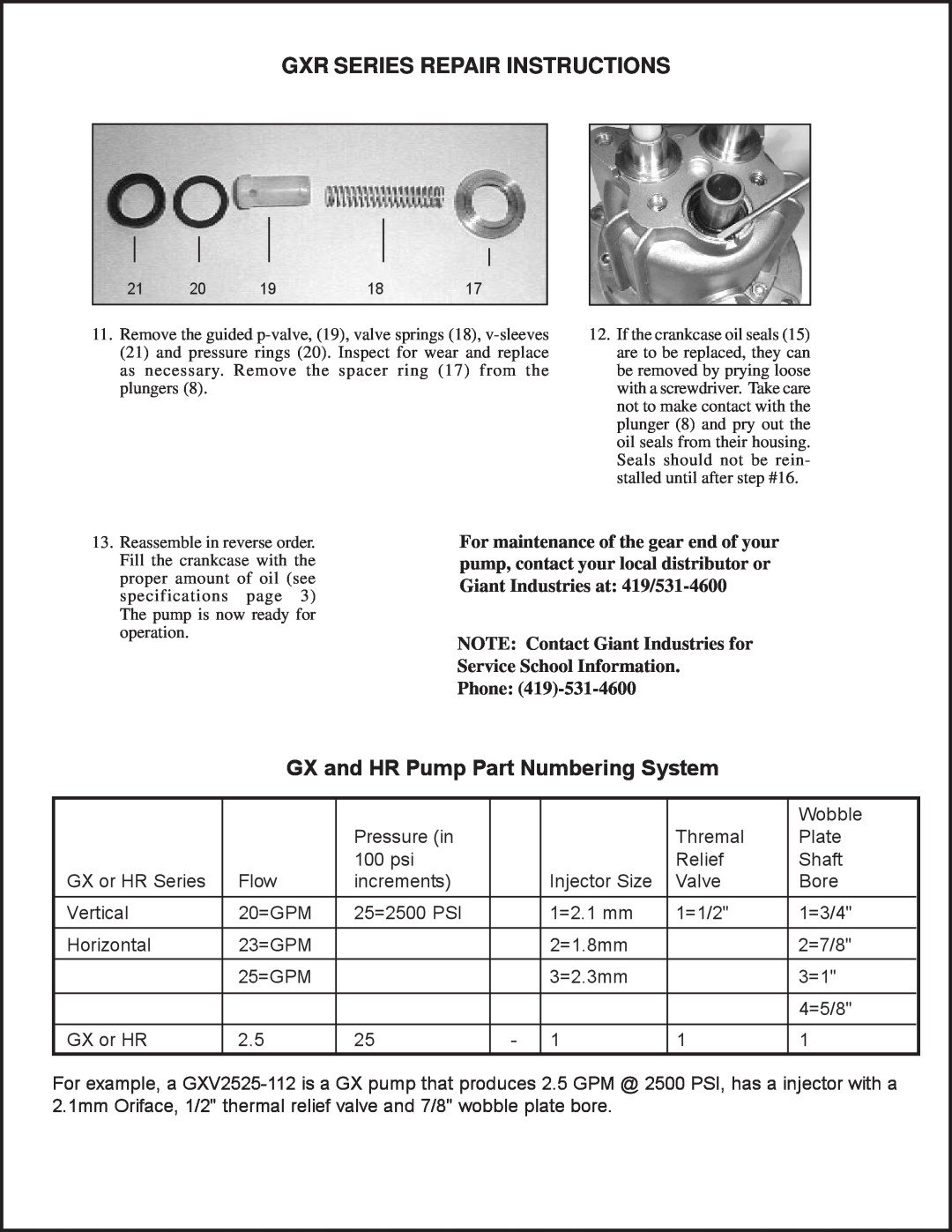 Giant GXR installation instructions Gxr Series Repair Instructions, GX and HR Pump Part Numbering System 