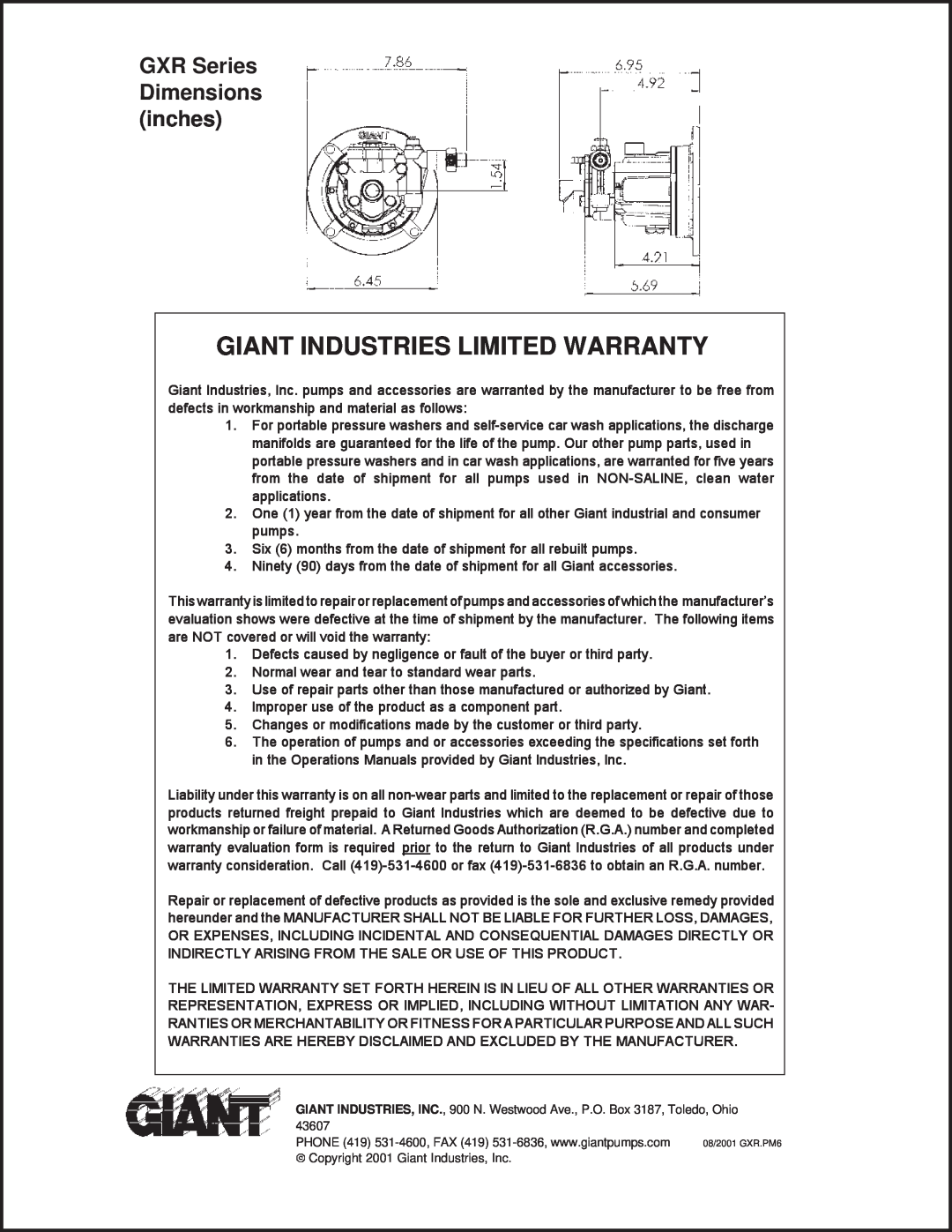 Giant installation instructions Giant Industries Limited Warranty, GXR Series Dimensions inches 