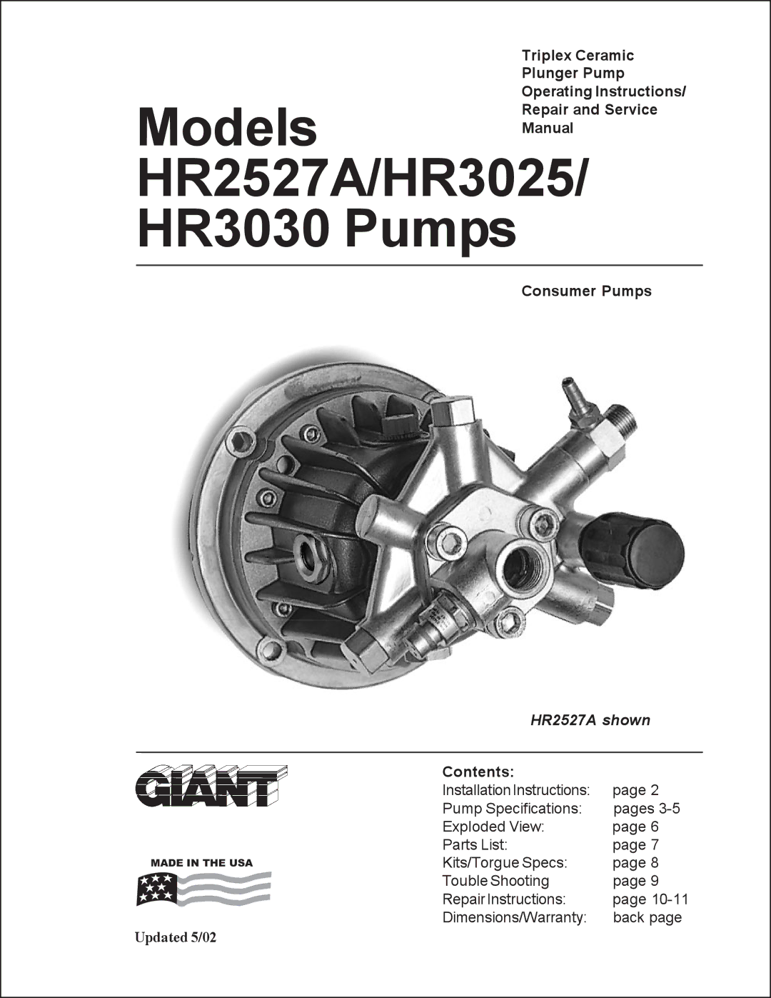 Giant operating instructions HR2527A/HR3025/ HR3030 Pumps 