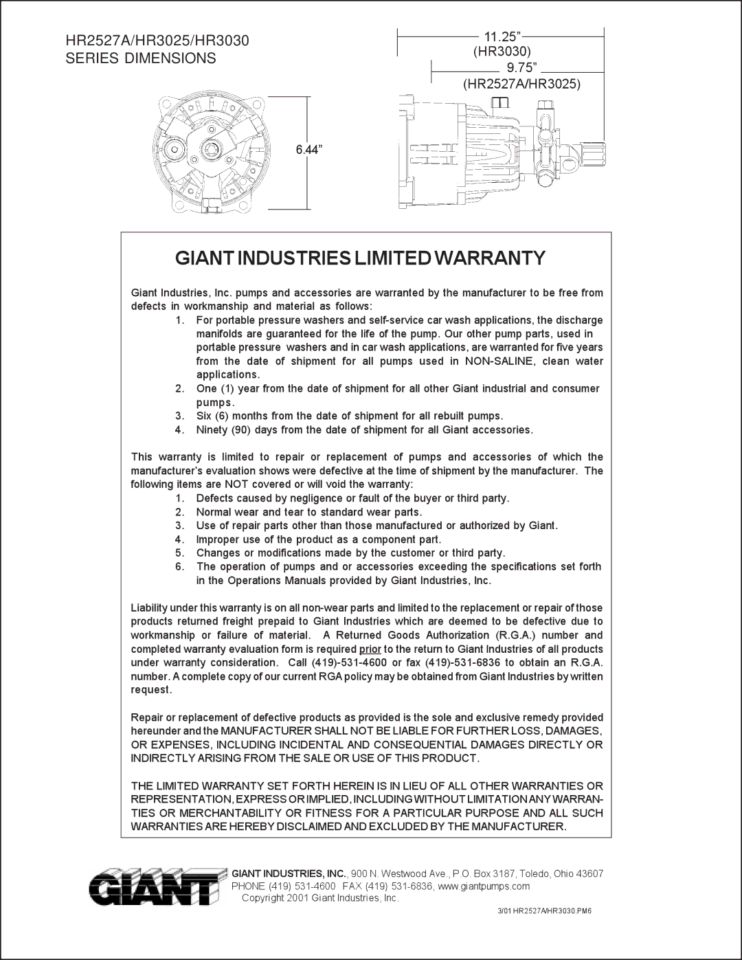 Giant HR3030, HR2527A, HR3025 operating instructions Giant Industries Limited Warranty, Series Dimensions 