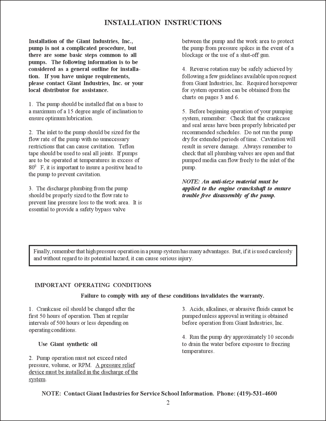 Giant HR3025, HR3030, HR2527A operating instructions Installation Instructions, Important Operating Conditions 