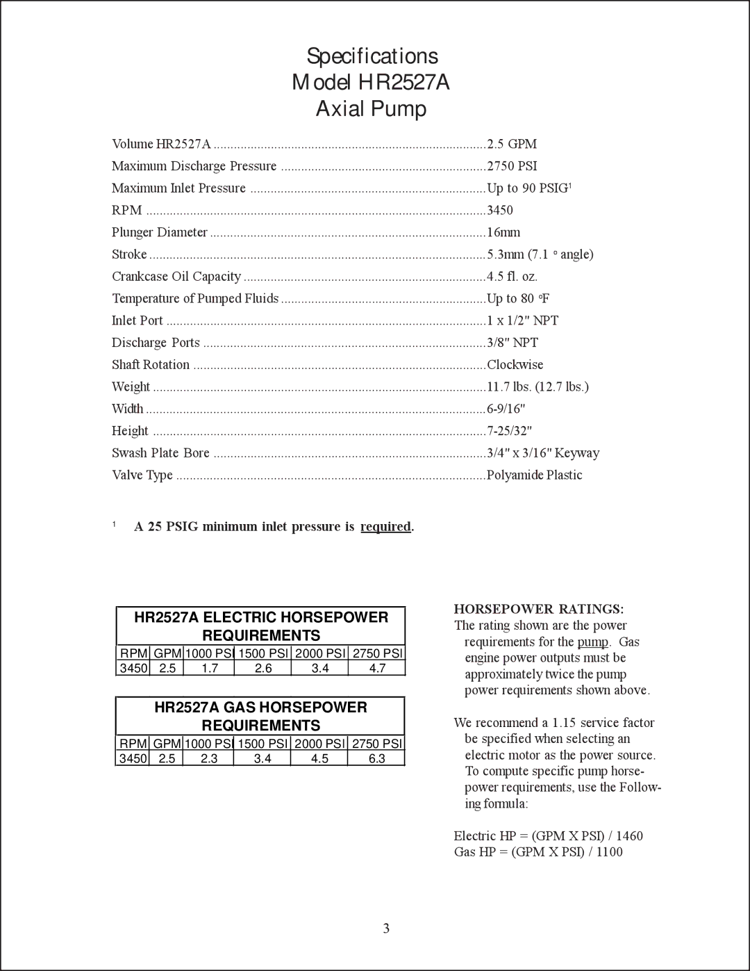 Giant HR3030 Model HR2527A, Axial Pump, HR2527A Electric Horsepower Requirements, HR2527A GAS Horsepower Requirements 