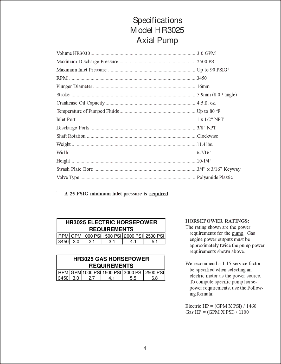 Giant HR2527A, HR3030 operating instructions Model HR3025 Axial Pump, HR3025 Electric Horsepower Requirements 