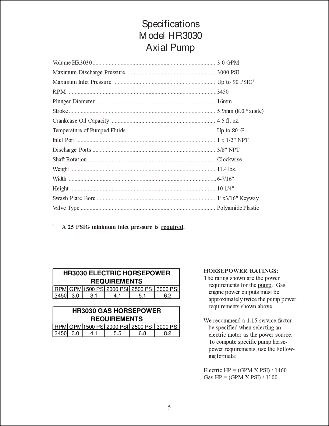 Giant HR3025, HR2527A Model HR3030 Axial Pump, HR3030 Electric Horsepower Requirements, HR3030 GAS Horsepower Requirements 