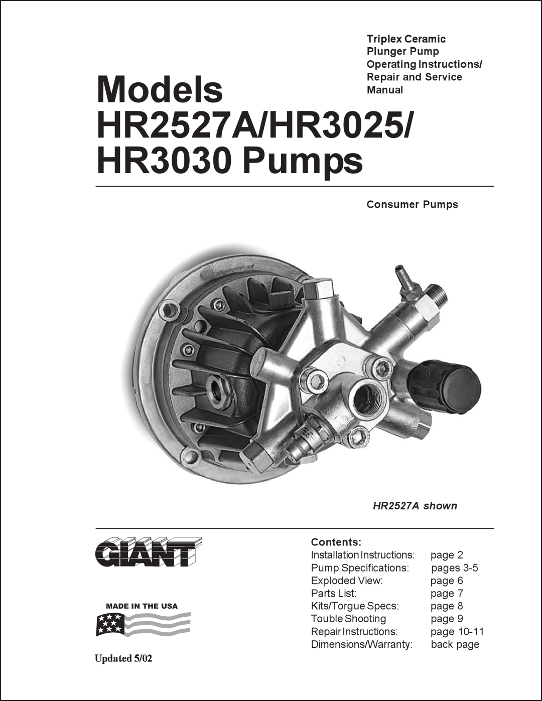 Giant operating instructions HR2527A/HR3025/ HR3030 Pumps, Triplex Ceramic Plunger Pump Operating Instructions 