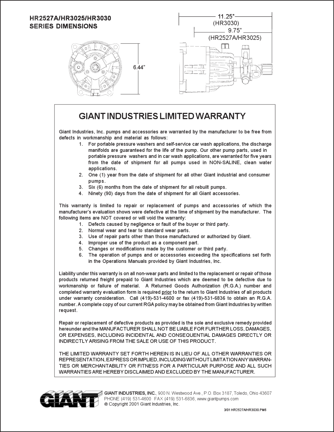 Giant operating instructions Giant Industries Limited Warranty, HR2527A/HR3025/HR3030 SERIES DIMENSIONS 
