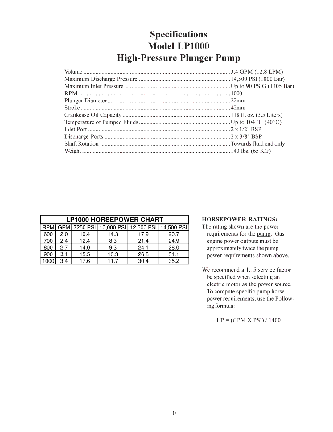 Giant operating instructions Specifications Model LP1000 High-Pressure Plunger Pump 