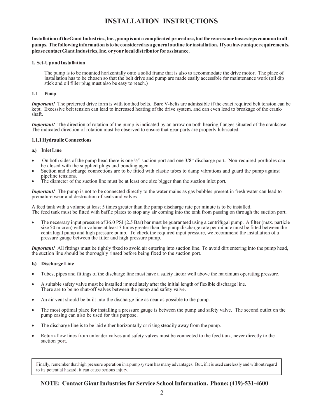 Giant LP1000 operating instructions Set-UpandInstallation, Pump, 1HydraulicConnections InletLine, Discharge Line 